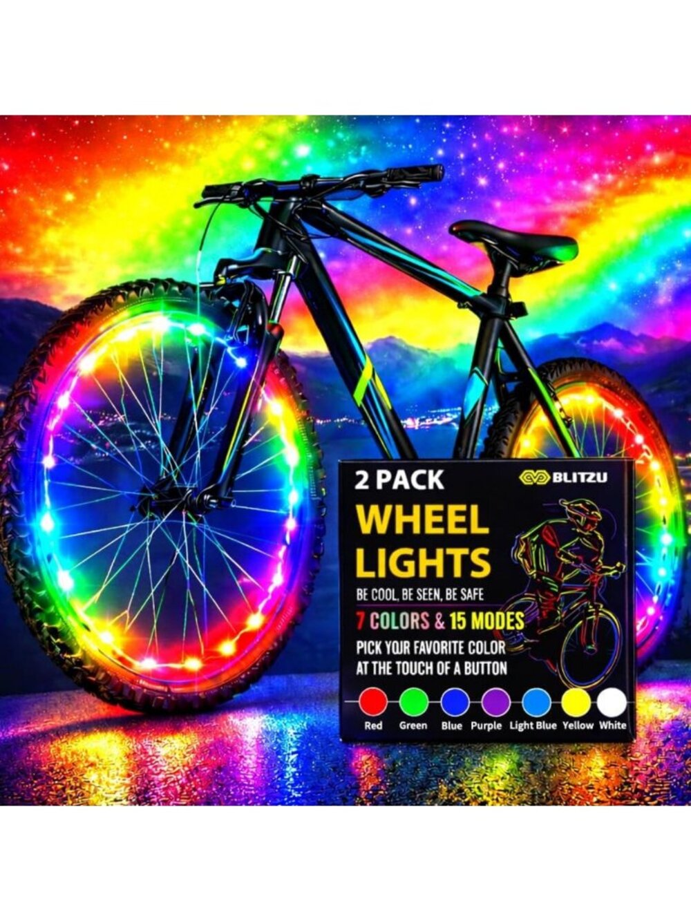 Vibrant 7-Color LED Bike Wheel Lights - 2-Pack Spoke Accessories for Night
